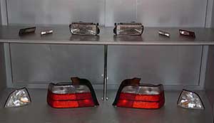 LK Spares shop display of BMW lighting units