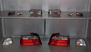 LK Spares shop display of BMW lighting units